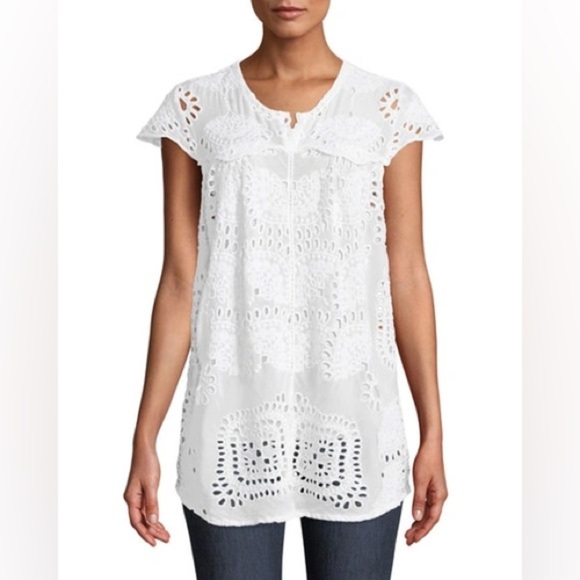 JOHNNY WAS Marietta Cap Sleeve Eyelet Blouse in White - Picture 1 of 7